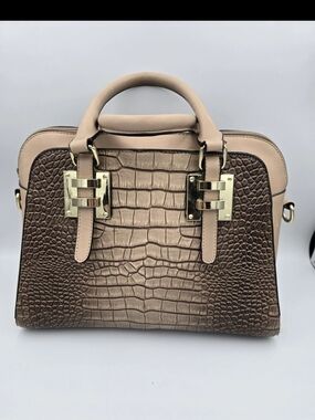Croc-Embossed Two-Tone Taupe Shoulder Satchel